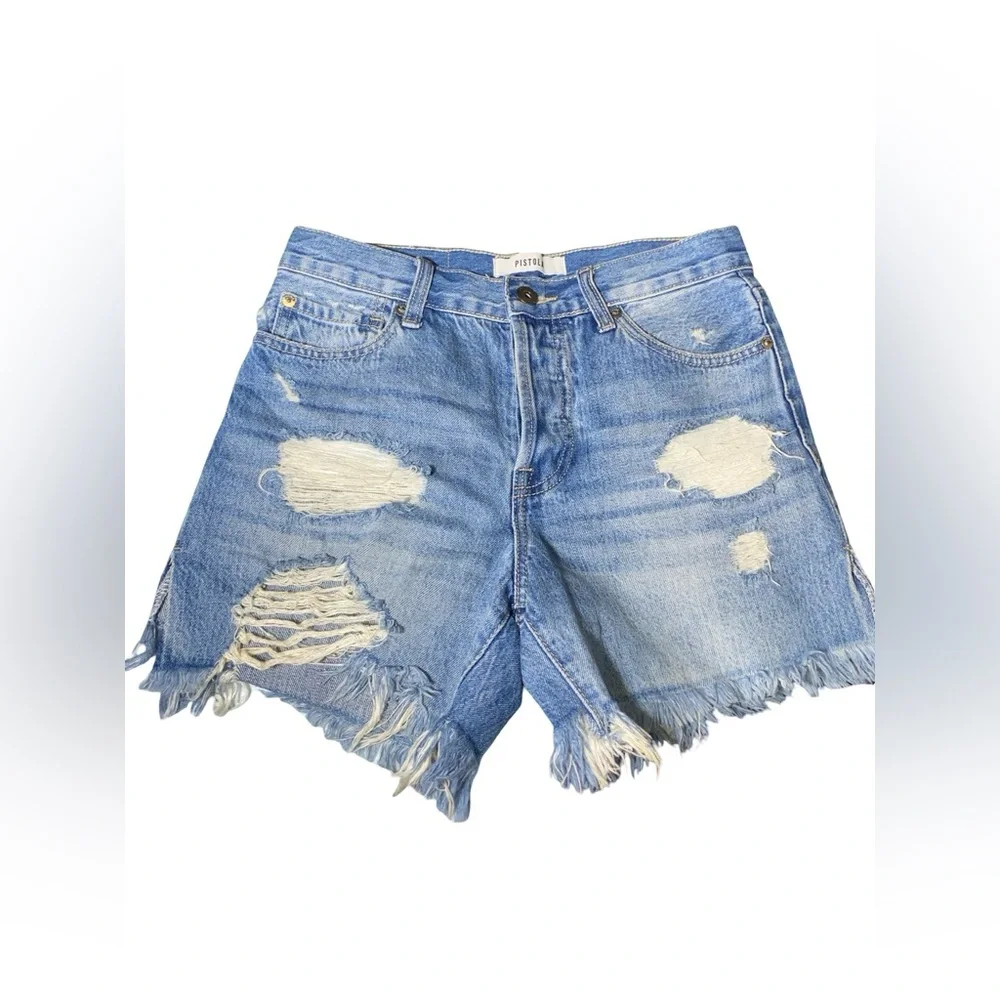 Pistola High Rise‎ Distressed Denim Shorts - Raw Hem Light Wash - Size 25